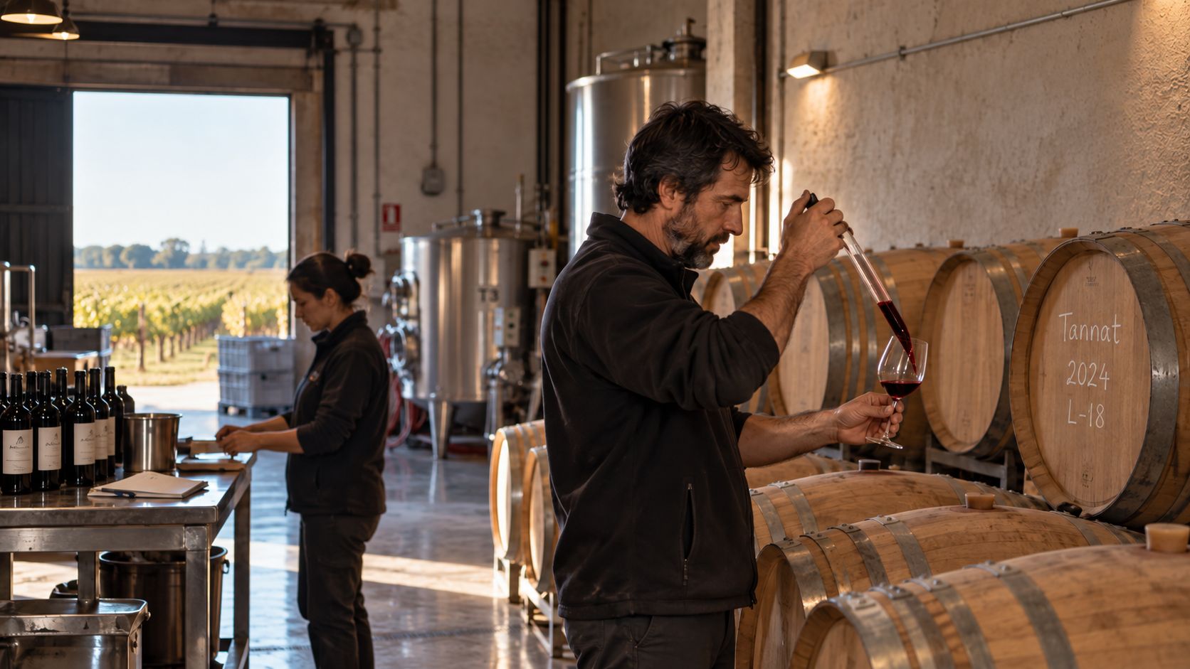 Dos personas trabajando con una muestra de vino en el interior de una bodega, entre barricas y tanques.