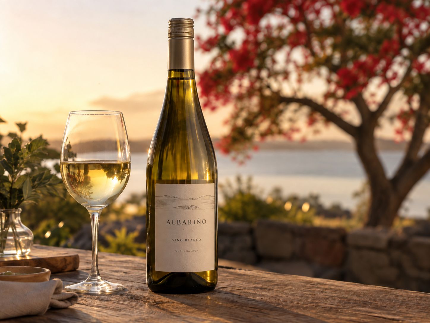 Botella de Albariño uruguayo y copa de vino blanco sobre una mesa, con un ceibo florecido al fondo.