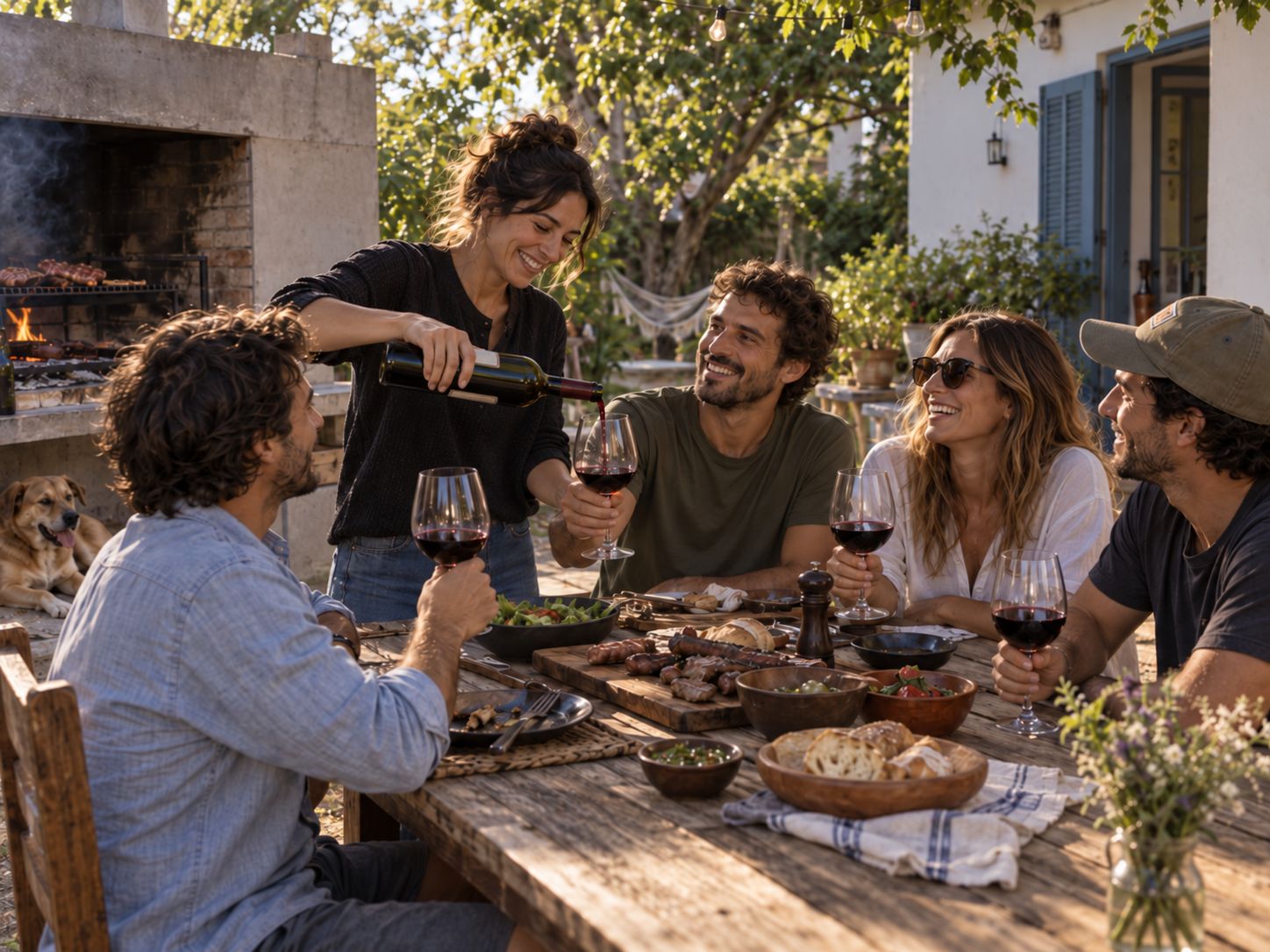Grupo de amigos compartiendo y sirviendo vino junto a un parrillero en un entorno doméstico uruguayo.