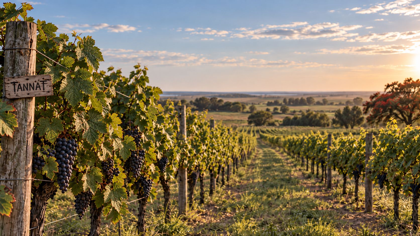 Viñedo de Tannat en un paisaje rural uruguayo de horizonte abierto.