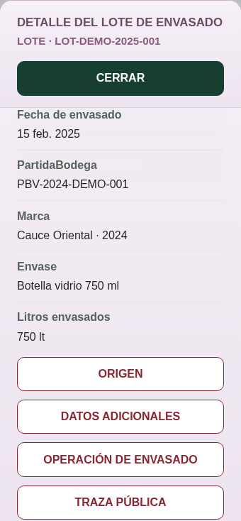 Detalle de un lote de envasado en TRAZAVINUM con datos de demostración.